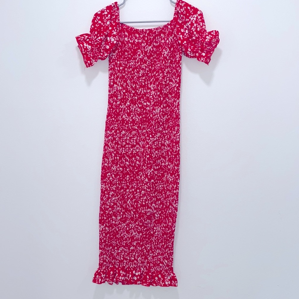 SHEIN off shoulder ruffle trim shirred ditsy floral dress